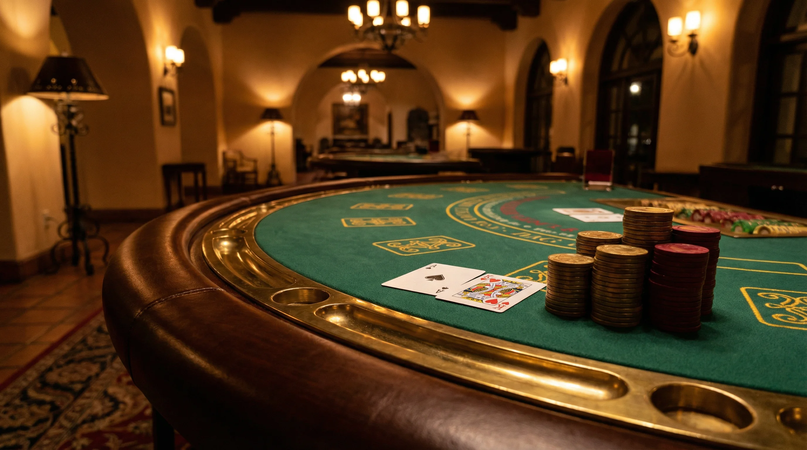 Mesa de blackjack profesional con cartas mostrando un blackjack natural