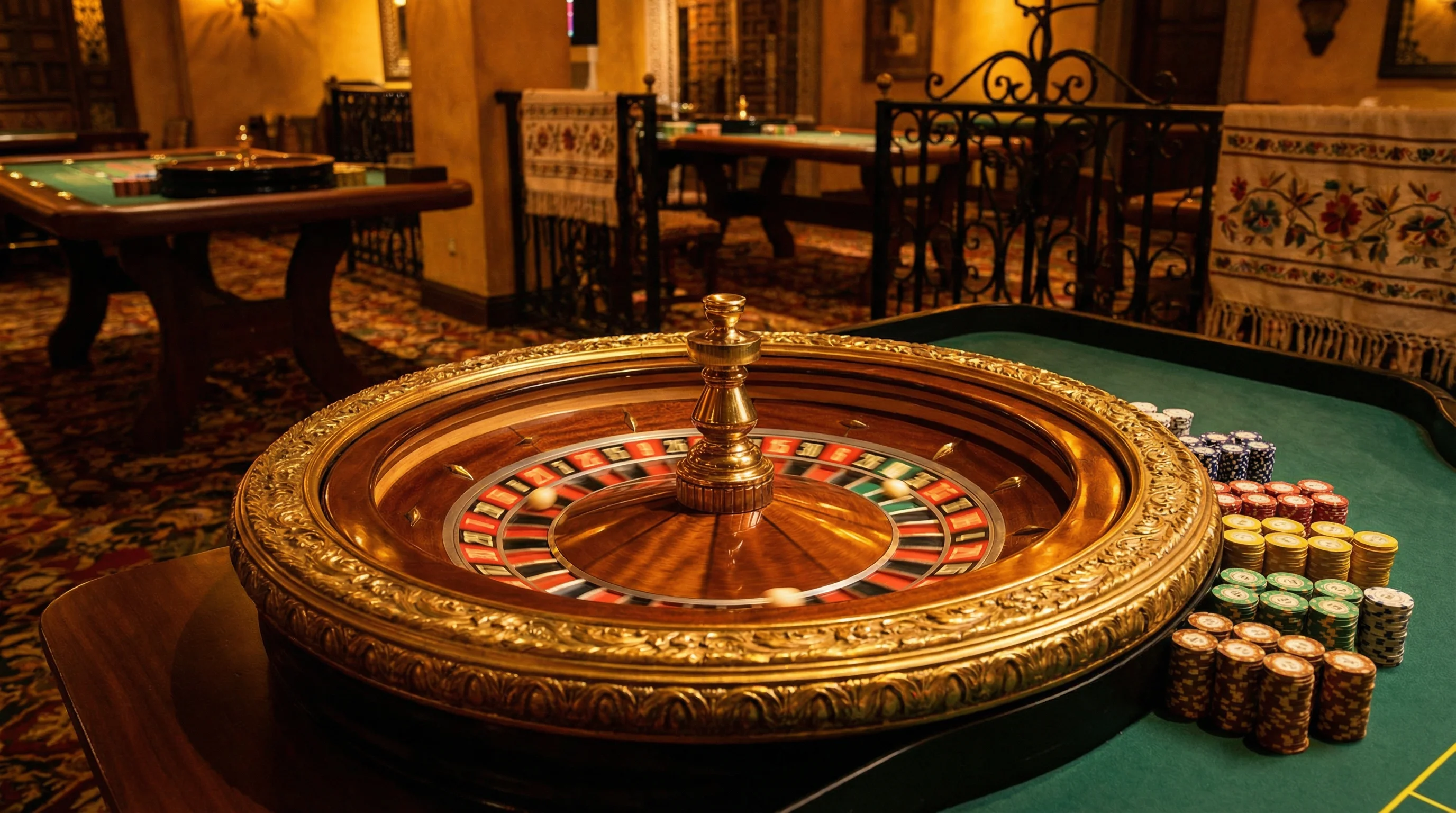 Ruleta europea dorada con la bola girando sobre números rojos y negros