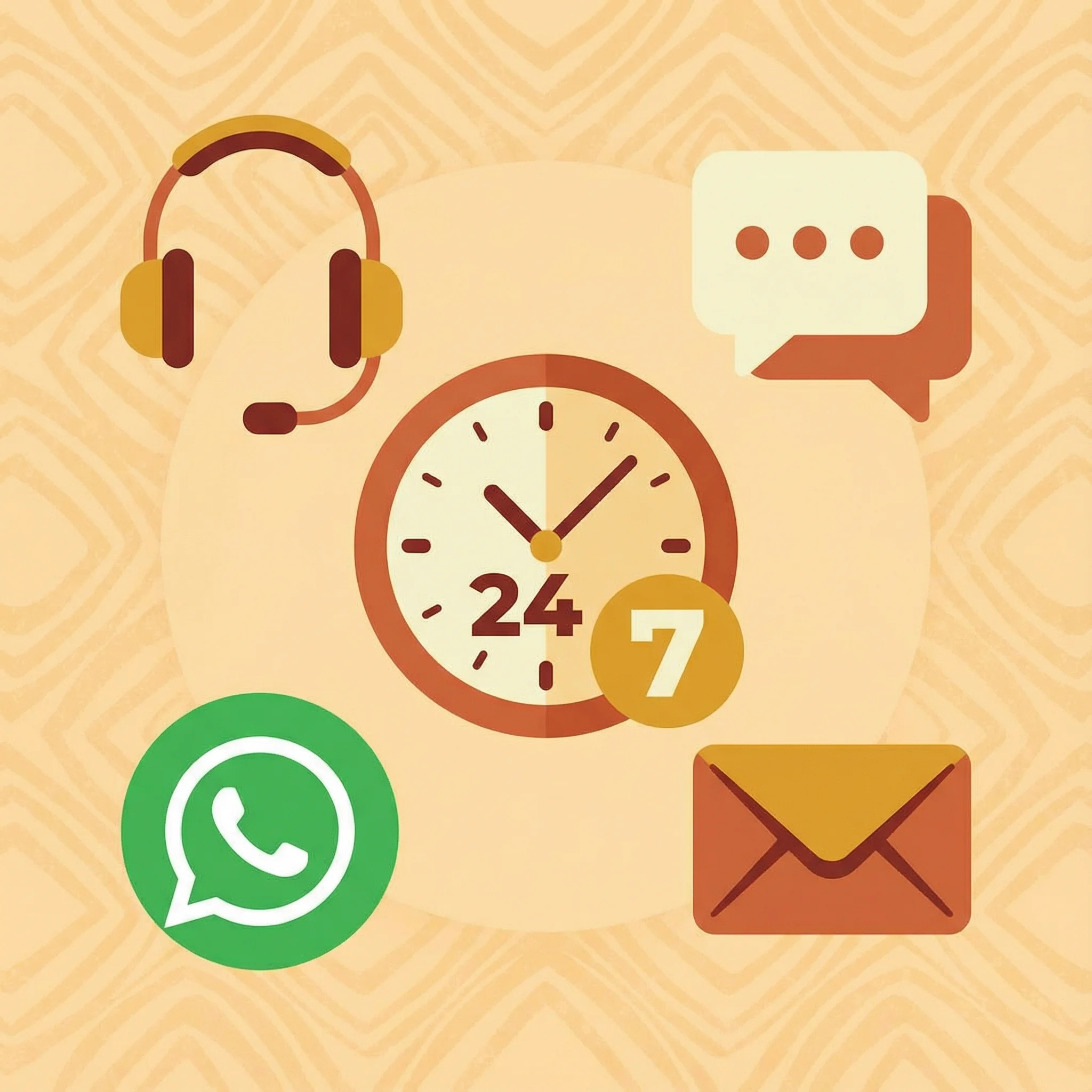 Iconos de soporte al cliente 24/7 con chat, WhatsApp y correo